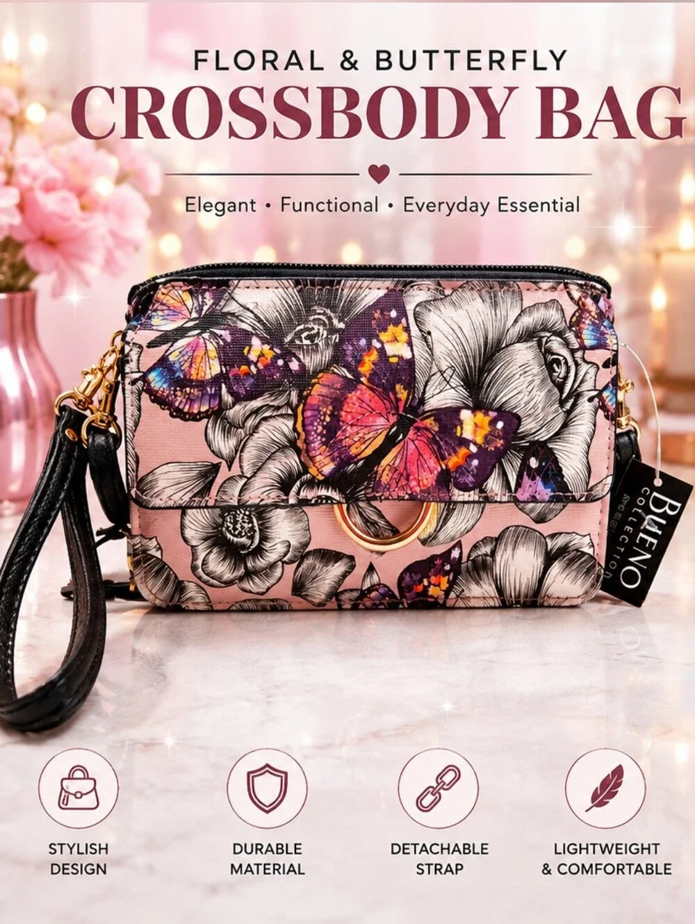 BUENO COLECCION FLORAL & BUTTERFLY 🦋 CROSSBODY BAG - PINK/BLACK /GRAY